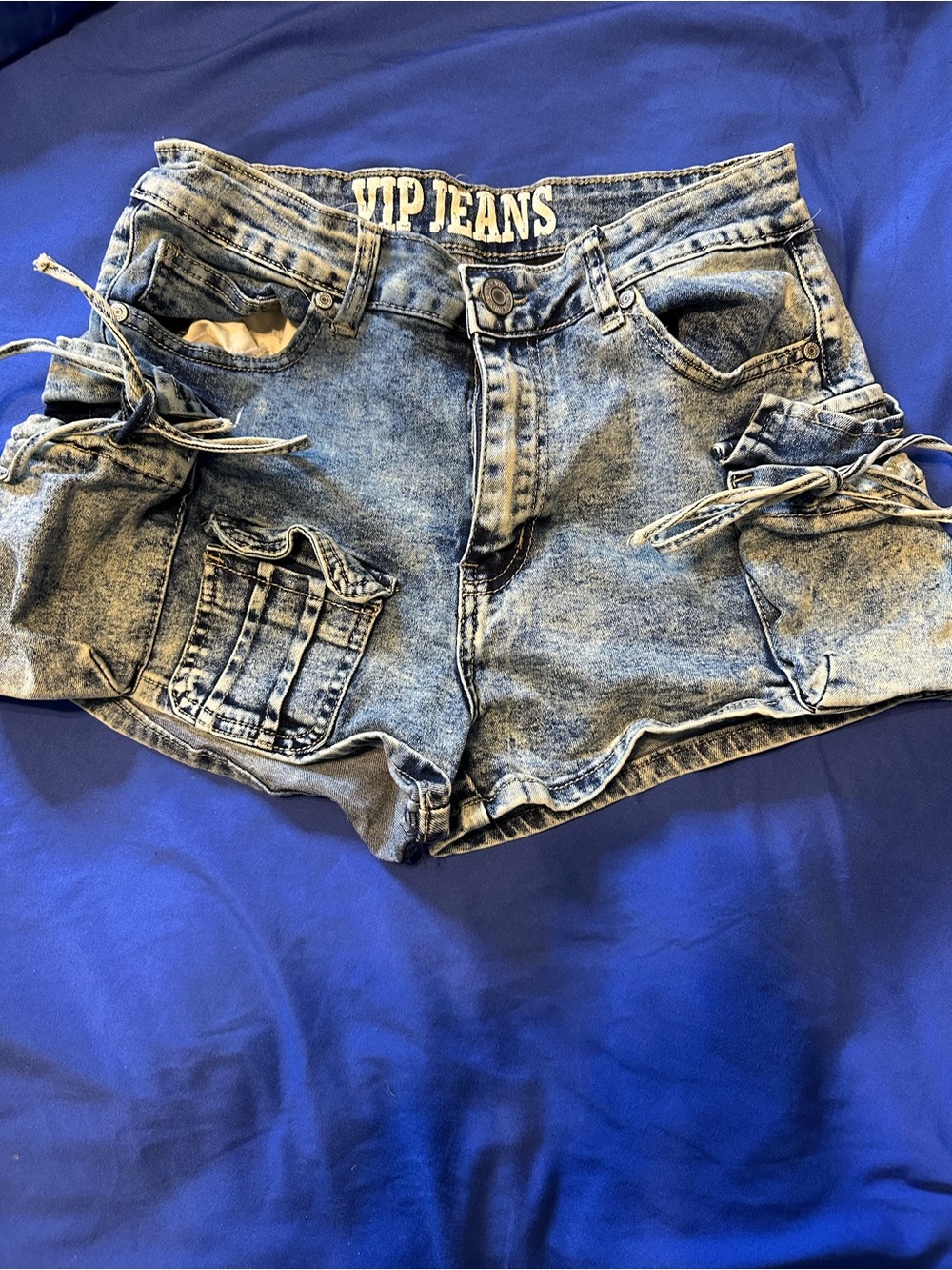 VIP Light Blue Washed Denim Cargo Tie-Detail Shorts